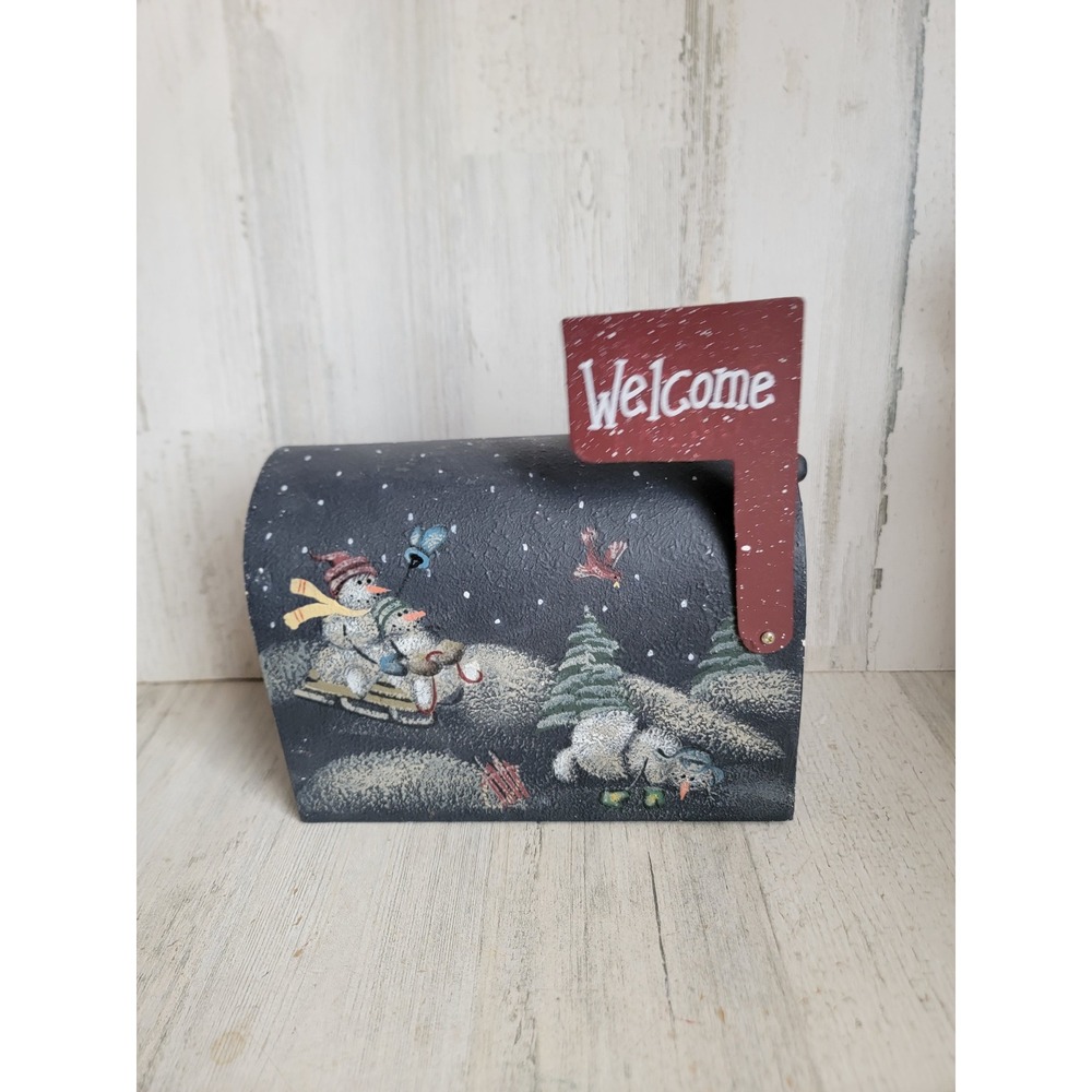 Rustic wooden snowman sledding mailbox scenic Xmas home decor